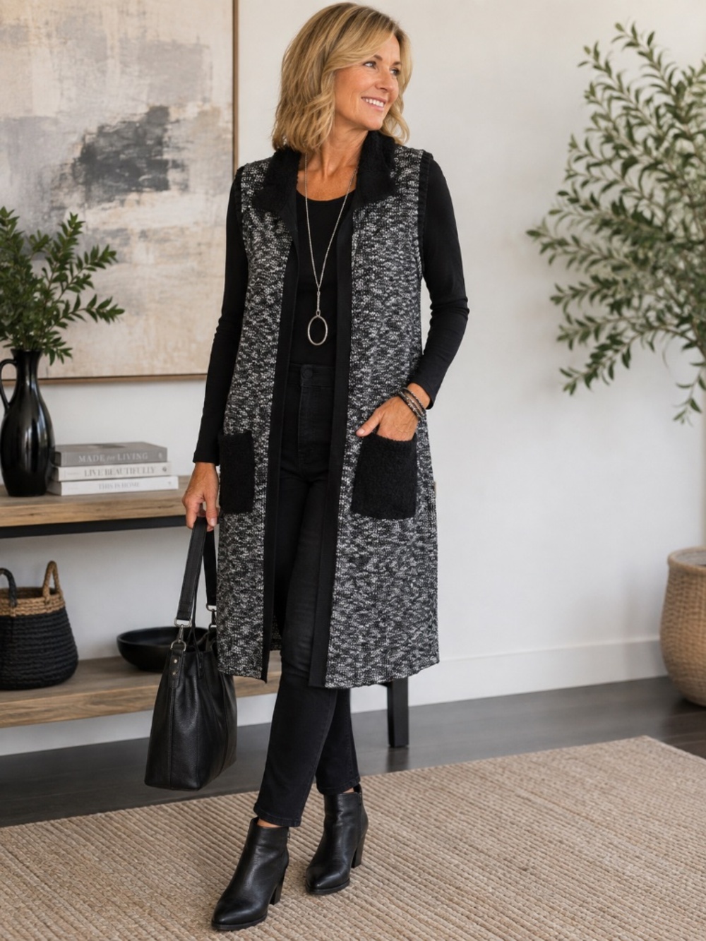 Minkas Long Knit Duster Vest Black Grey Size M Lagenlook